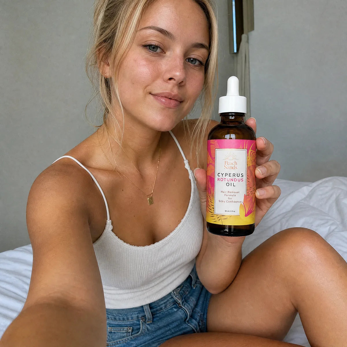 Woman with soft, smooth skin after her Peach Sands routine